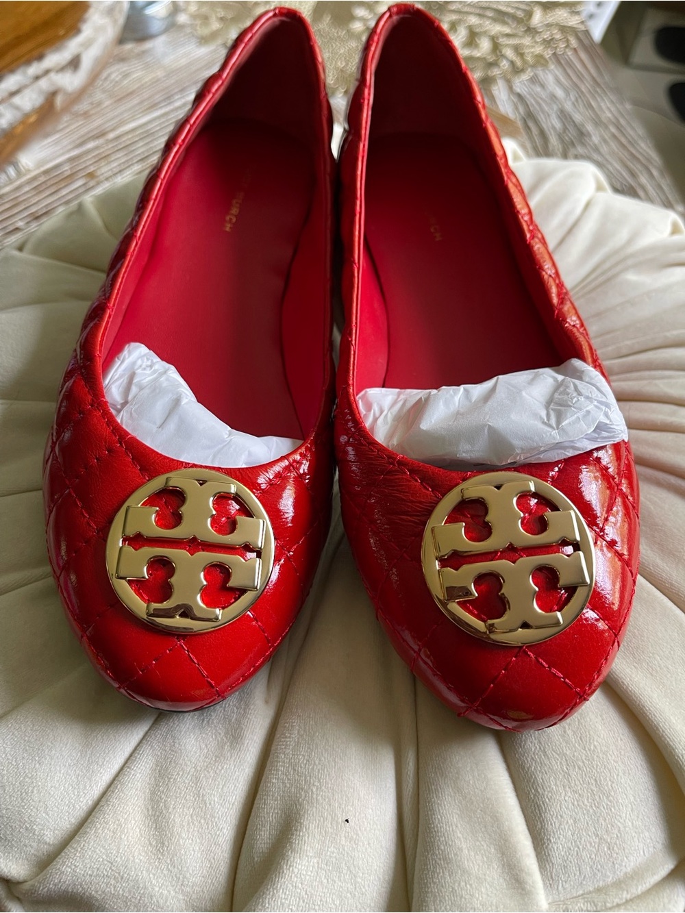 Tory Burch Red Quilted Patent Logo Round-Toe Flats